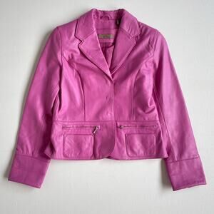 Vtg Y2K I.E. Pink Buttery Leather Collared Fitted Jacket / Petite Small Minimal